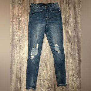 Fashion Nova Dark Blue Distressed Skinny Jeans